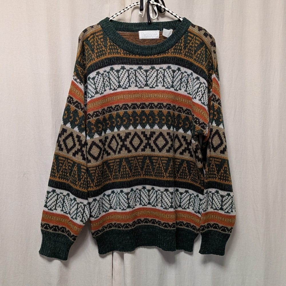 Vintage Protocol Green, Orange and Brown Knit Crewneck Sweater
